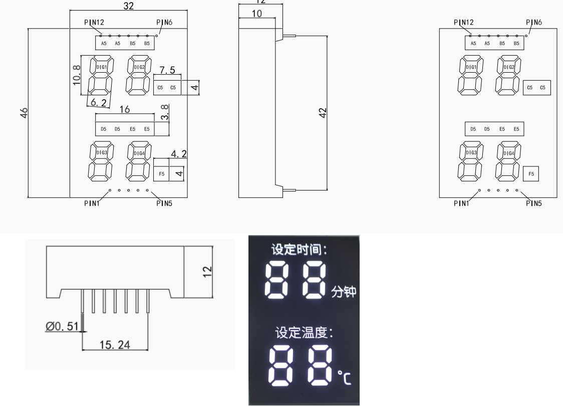 数码管XE4632BW白光引脚图